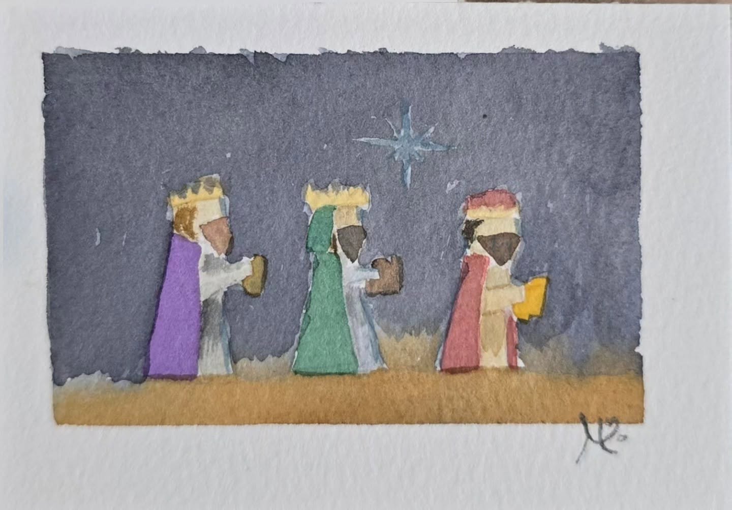 Acuarela de los tres Reyes Magos con coronas y mantos de colores, caminando bajo una estrella en un cielo nocturno.