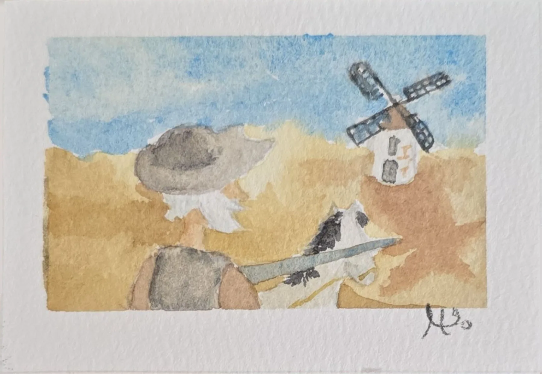 Acuarela inspirada en Don Quijote, visto de espaldas con su casco y lanza frente a un molino de viento en La Mancha.
